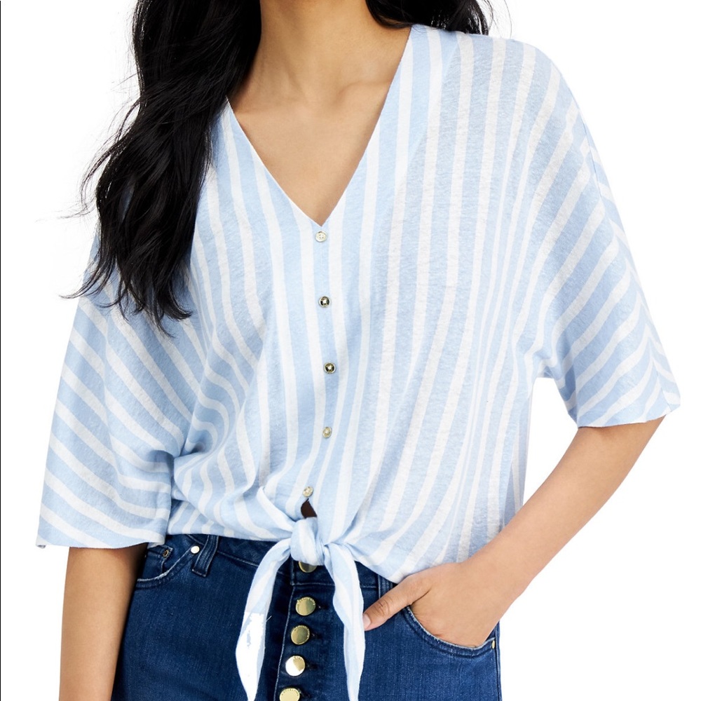 MICHAEL KORS New! Petite Striped Tie-Front Top - Picture 1 of 9